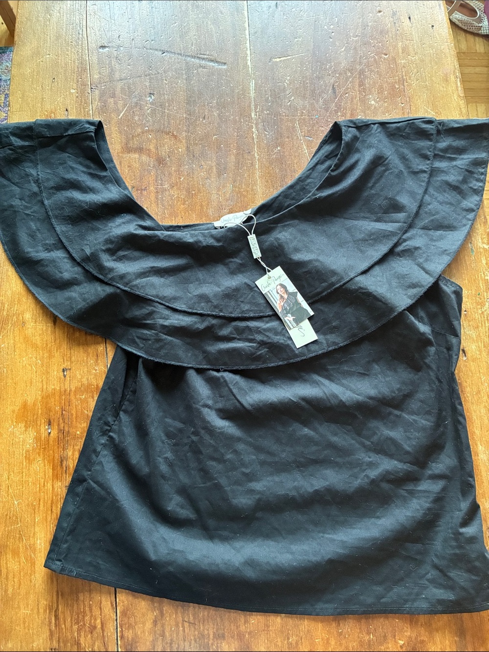 Charlie Paige NWT Black Linen Blend Ruffle Top | Oversized Collar | Size M/M